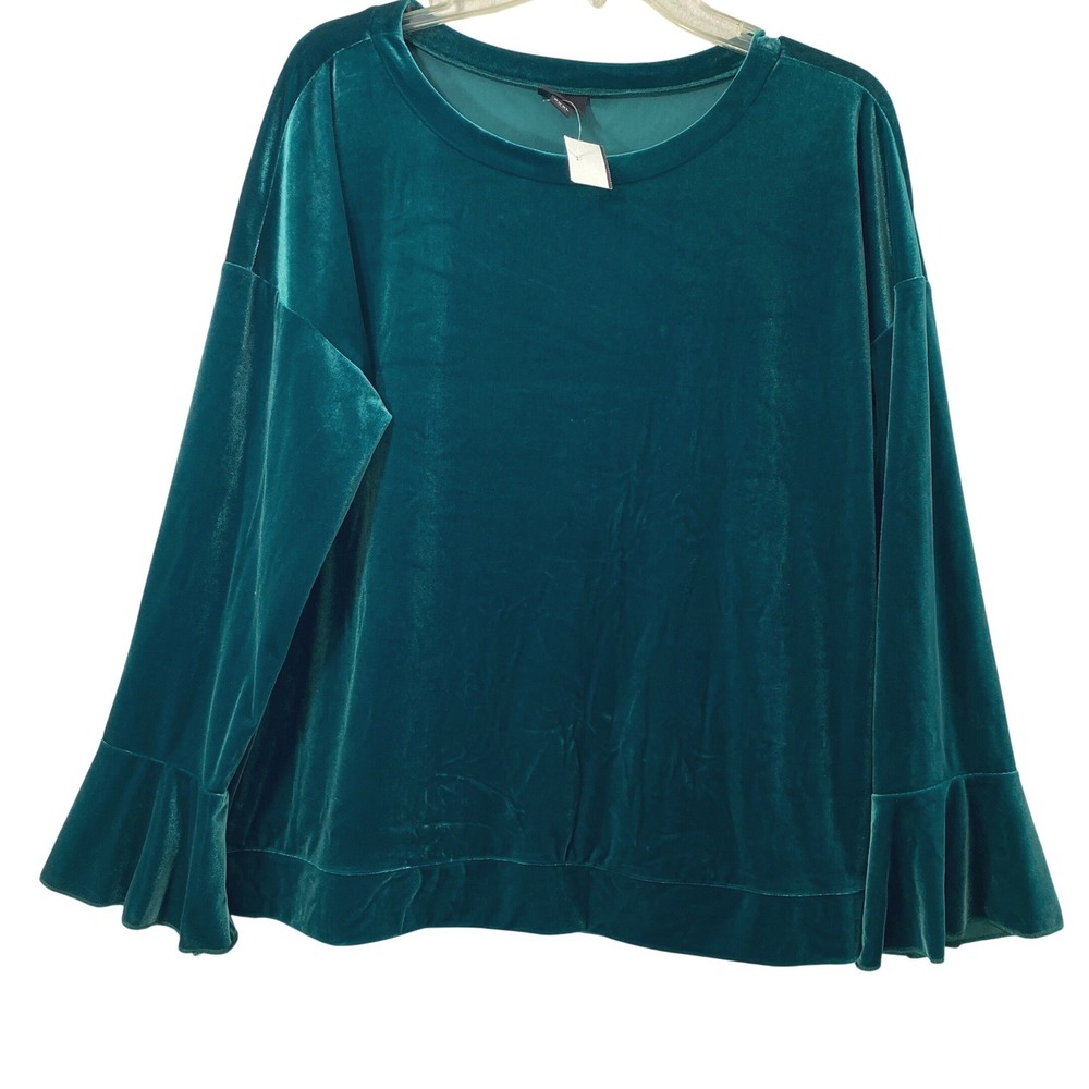 Worthington Top Women PXXL Green Velvet Bell Sleeve Crew Neck Holiday Luxe Party